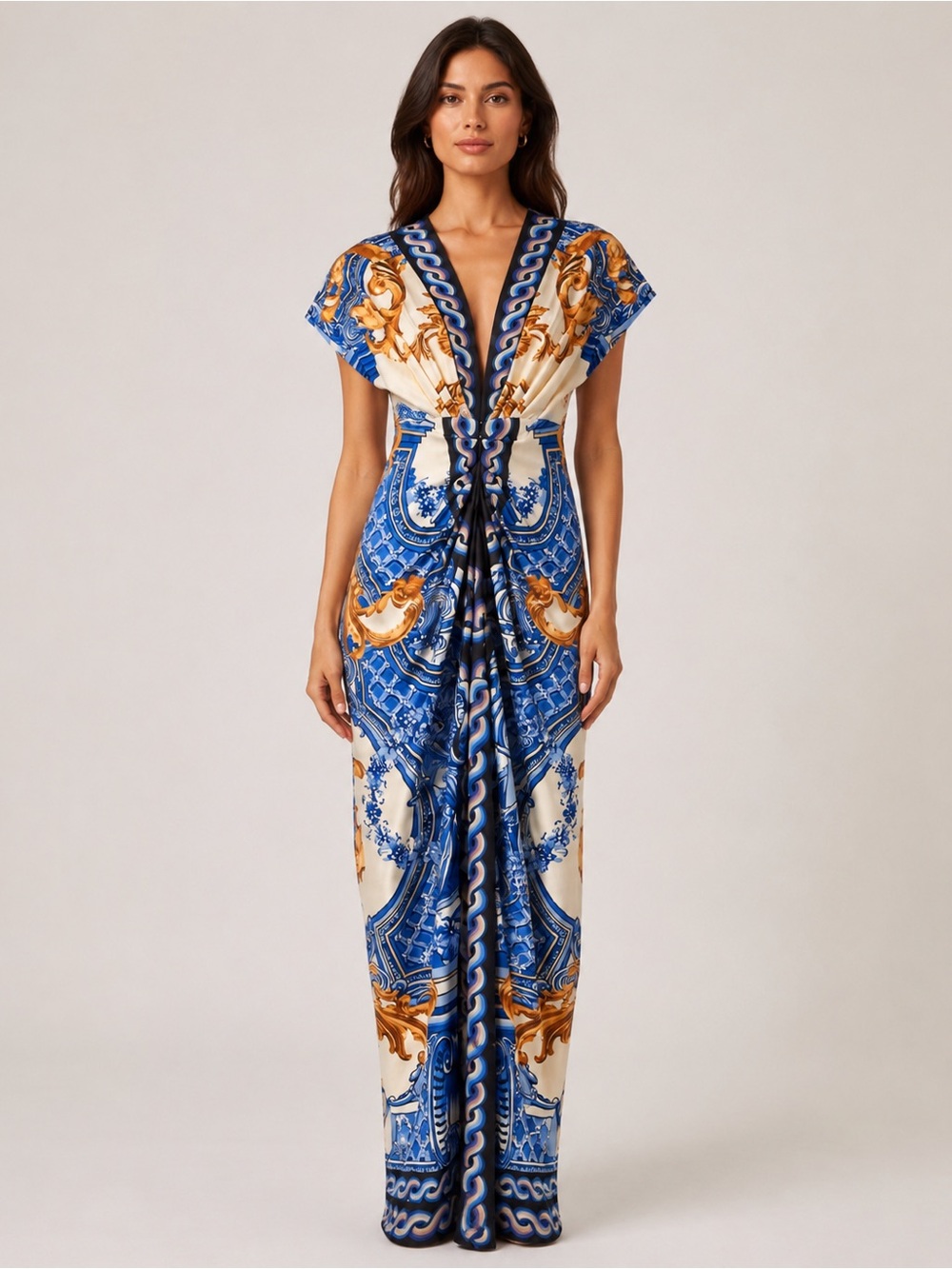 Pookie & Sebastian Maxi Dress Small Blue Gold Baroque Print Ruched Deep V Neck